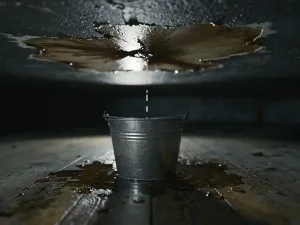 Overlopende metalen emmer op houten vloer vangt druppelend water van een donker waterschadeplafond in zwak binnenlight.