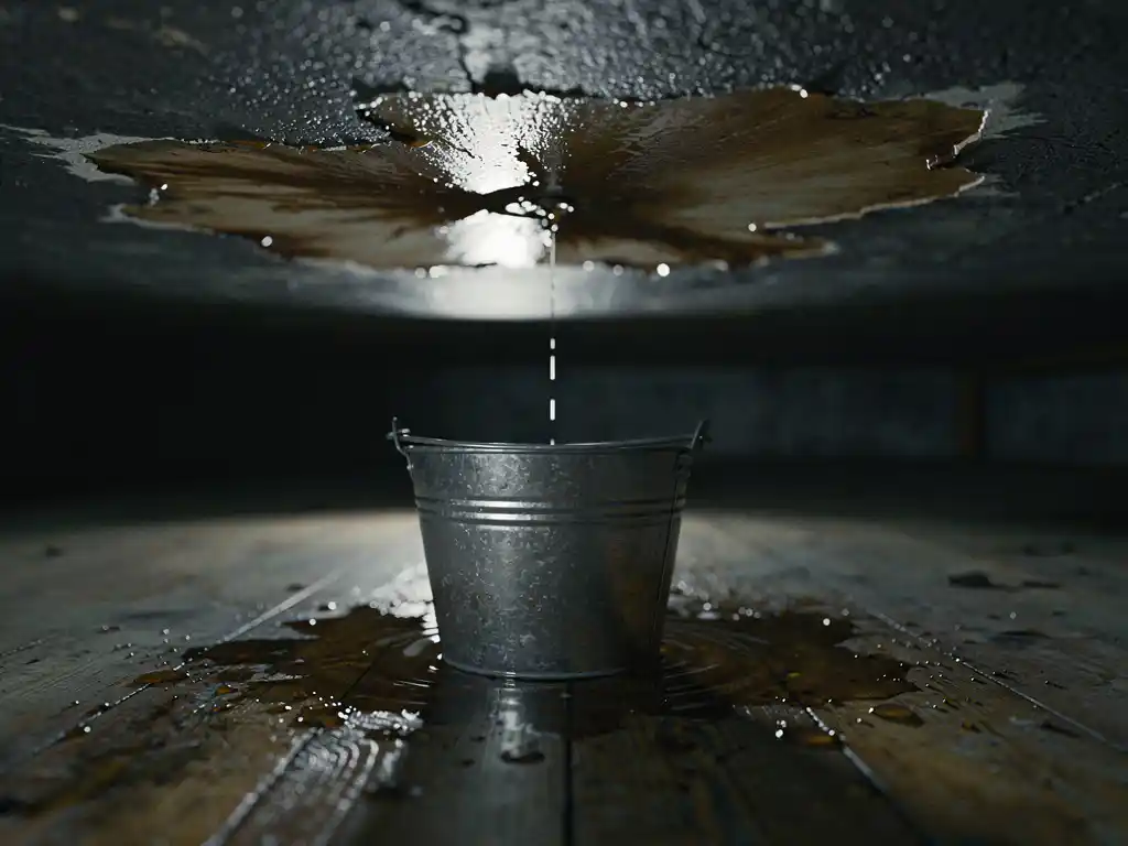 Overlopende metalen emmer op houten vloer vangt druppelend water van een donker waterschadeplafond in zwak binnenlight.