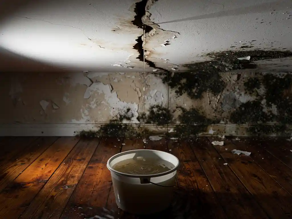 Vochtschade aan plafond met scheur en druipend water, donkere schimmelplekken op verouderd pleisterwerk, emmer op kromgetrokken houten vloer.
