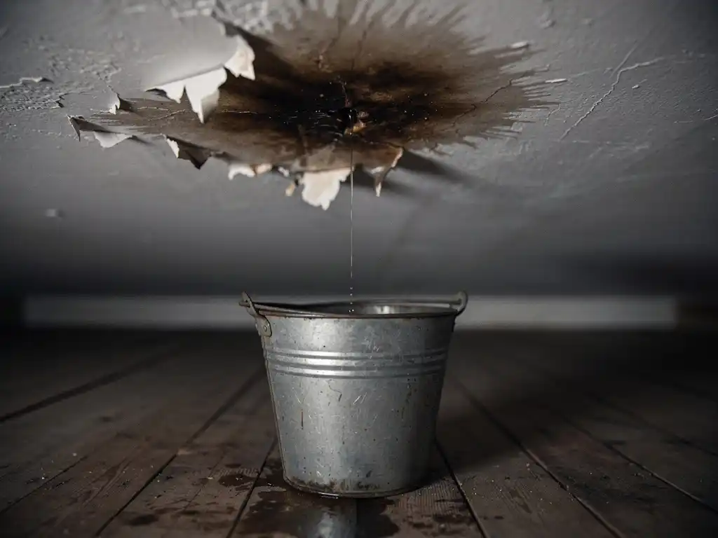 Donkere watervlek op wit pleisterwerk plafond met afschilferende verf, druppel valt in roestige metalen emmer op houten vloer.