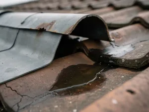 Verroeste loodafdichting die loslaat van dakpannen, met donkere watervlek en zichtbare kier waar regenwater binnendringt.