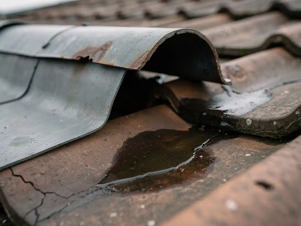 Verroeste loodafdichting die loslaat van dakpannen, met donkere watervlek en zichtbare kier waar regenwater binnendringt.