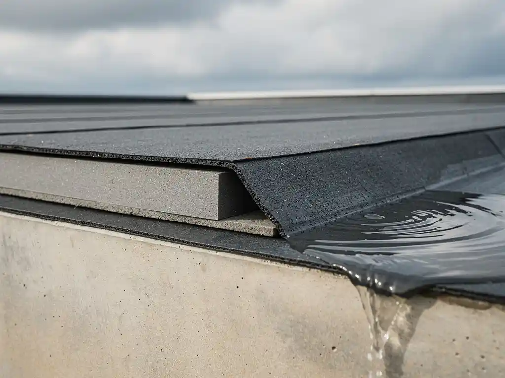 Dakrand met licht afschot, bitumineuze membraan op isolatieplaat, regenwater afvoerend naar lage kant onder bewolkte lucht.