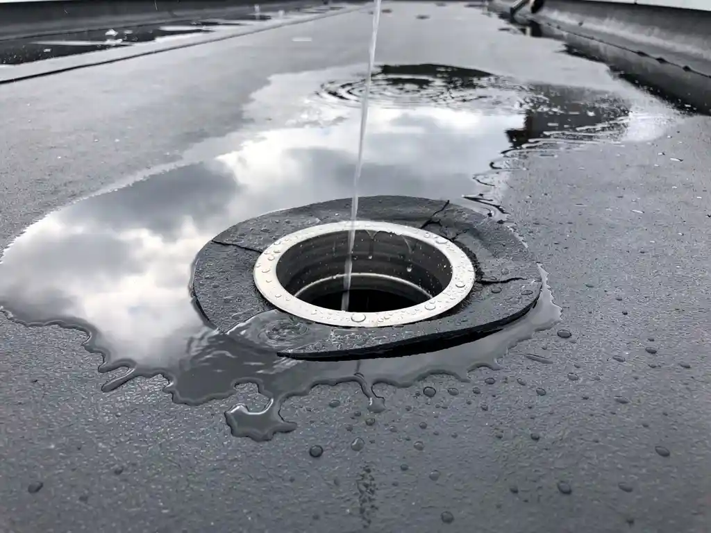 Dakafvoer omgeven door EPDM-membraan op plat dak, met regenwater dat afstroomt onder bewolkte Nederlandse lucht.