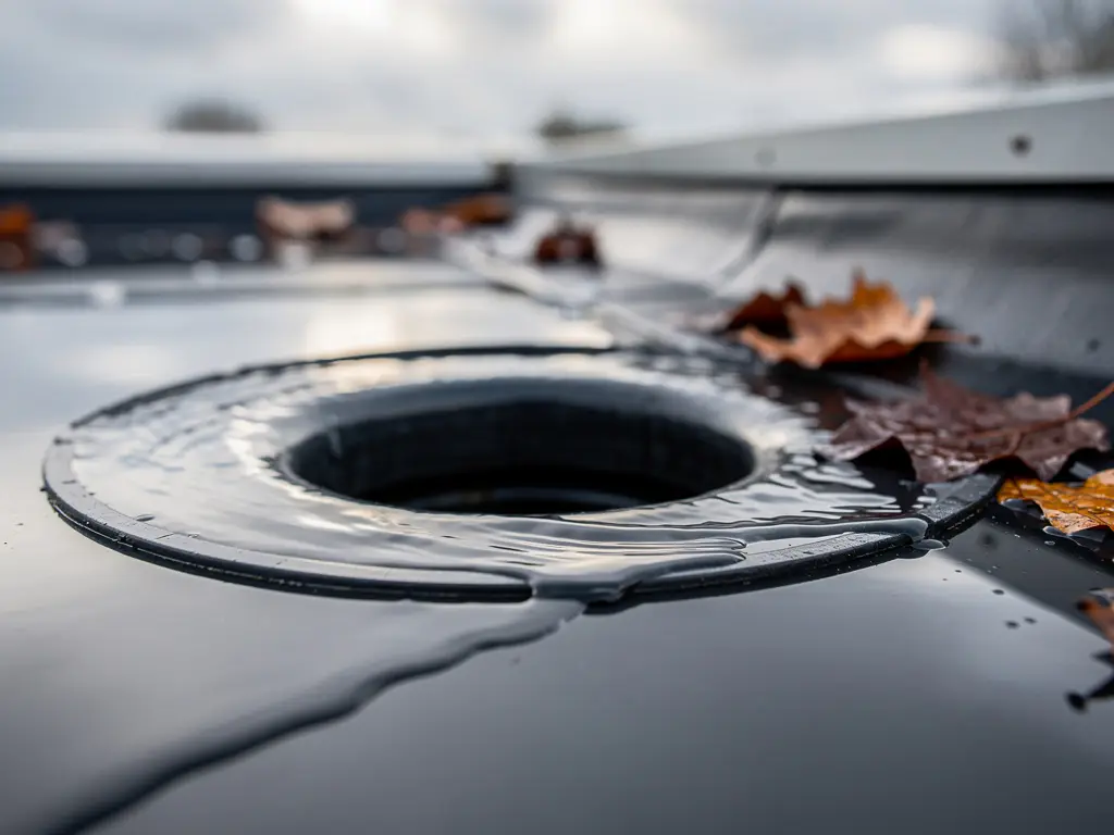 Regenwater stroomt via een dakafvoer in EPDM-rubber dakbedekking, met herfstbladeren en bewolkte lucht weerspiegeld in het natte oppervlak.