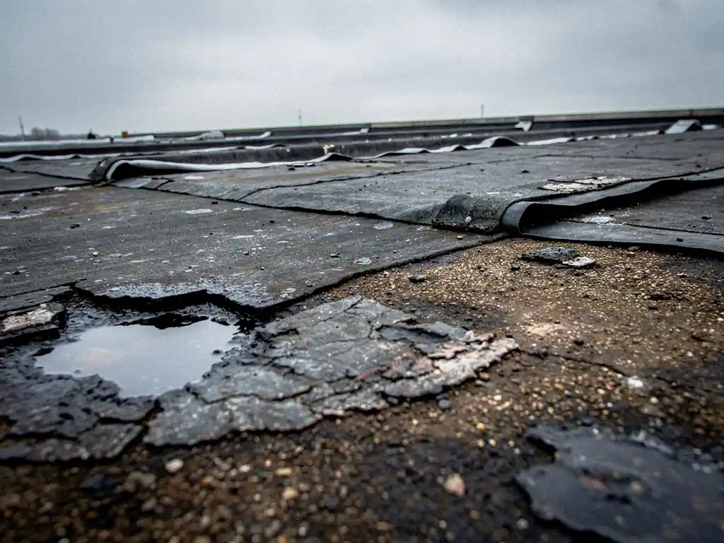Verweerd plat dak met gebarsten en opbollend bitumenmembraan, opstaande naden en plasjes stilstaand water onder bewolkte lucht.