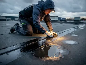 Dakdekker die bitumineuze kit aanbrengt op een naad van een plat dak, met regenplassen op het industriële dak onder bewolkte lucht.