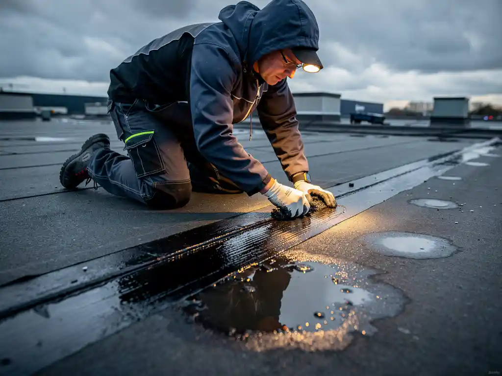 Dakdekker die bitumineuze kit aanbrengt op een naad van een plat dak, met regenplassen op het industriële dak onder bewolkte lucht.