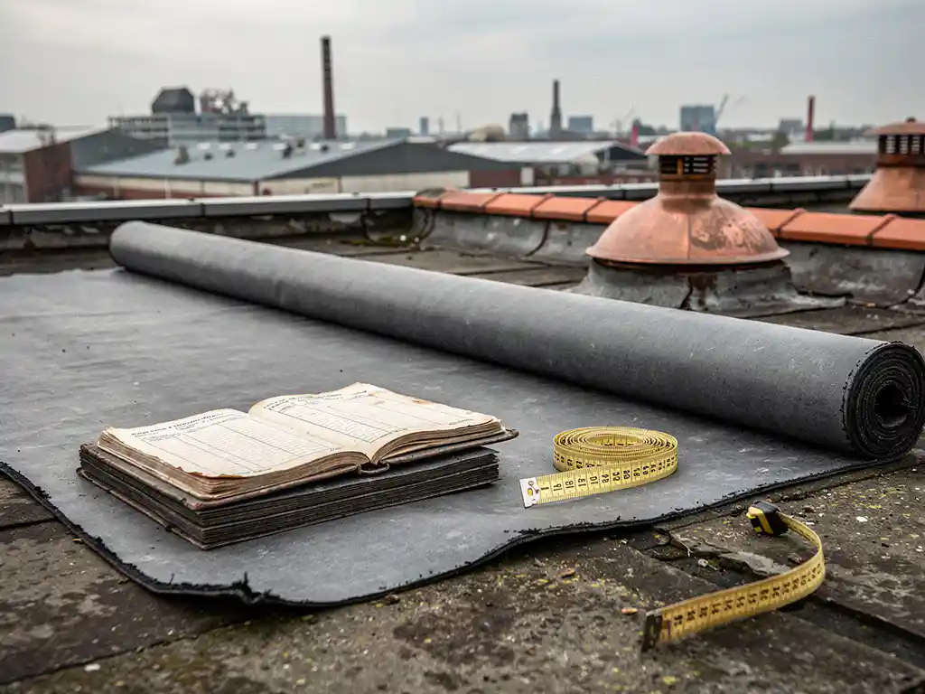 Verweerd plat dak met open onderhoudslogboek, bitumineuze membraan en meetlint, Nederlandse industriële skyline op de achtergrond.