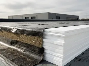 Dakdoorsnede met gestapelde isolatiepanelen van hard schuim naast een vers aangebrachte bitumineuze dakbaan op een plat industriedak.