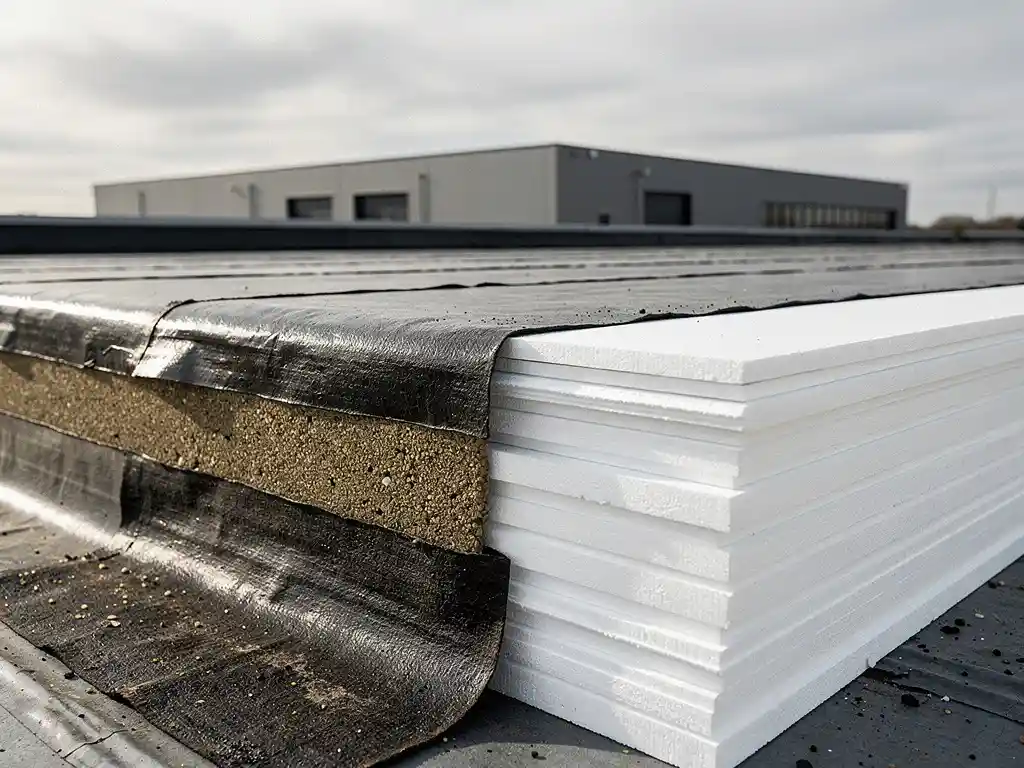 Dakdoorsnede met gestapelde isolatiepanelen van hard schuim naast een vers aangebrachte bitumineuze dakbaan op een plat industriedak.