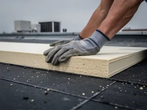 Dakwerker drukt rigide isolatieplaat op bitumineuze membrane tijdens platte dakisolatie.