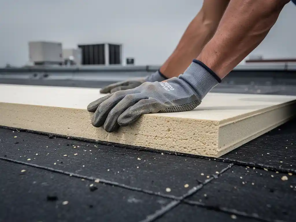 Dakwerker drukt rigide isolatieplaat op bitumineuze membrane tijdens platte dakisolatie.