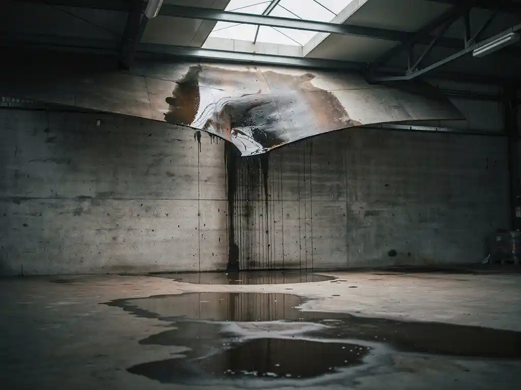 Doorgezakt plafondpaneel met watervlekken boven plasvorming op magazijnvloer, donkere druipsporen langs betonnen binnenmuur.