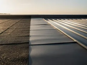 Plat dak met drie materialen naast elkaar: bitumenmembraan, EPDM rubber en zinkplaat in warm middaglicht.