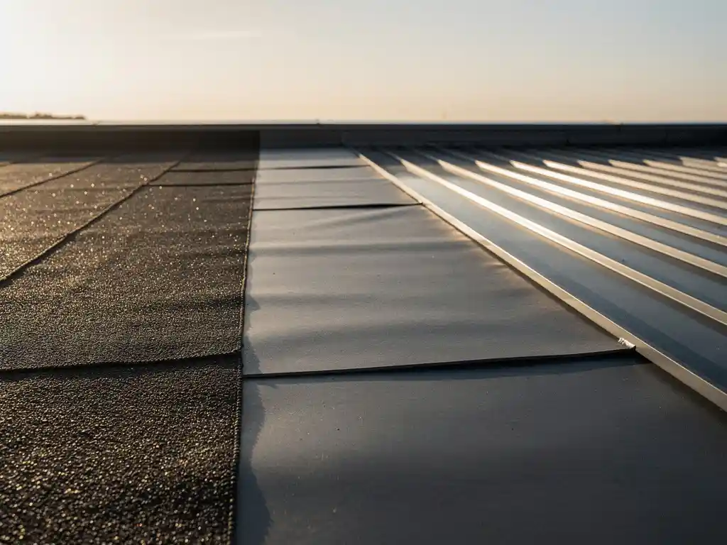 Plat dak met drie materialen naast elkaar: bitumenmembraan, EPDM rubber en zinkplaat in warm middaglicht.