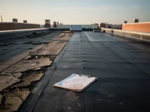 Verweerd commercieel plat dak in renovatie met half geïnstalleerd bitumenmembraan naast gebarsten dakbedekking, projectklembord op het oppervlak.