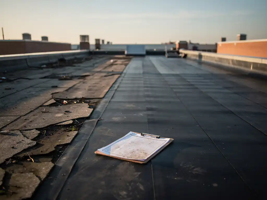 Verweerd commercieel plat dak in renovatie met half geïnstalleerd bitumenmembraan naast gebarsten dakbedekking, projectklembord op het oppervlak.