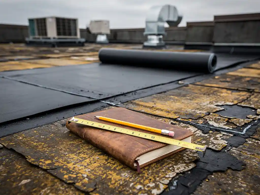 Verweerd plat dak in renovatie met uitgerolde bitumineuze dakbedekking, notitieboek, meetlint en potlood op het dakoppervlak.