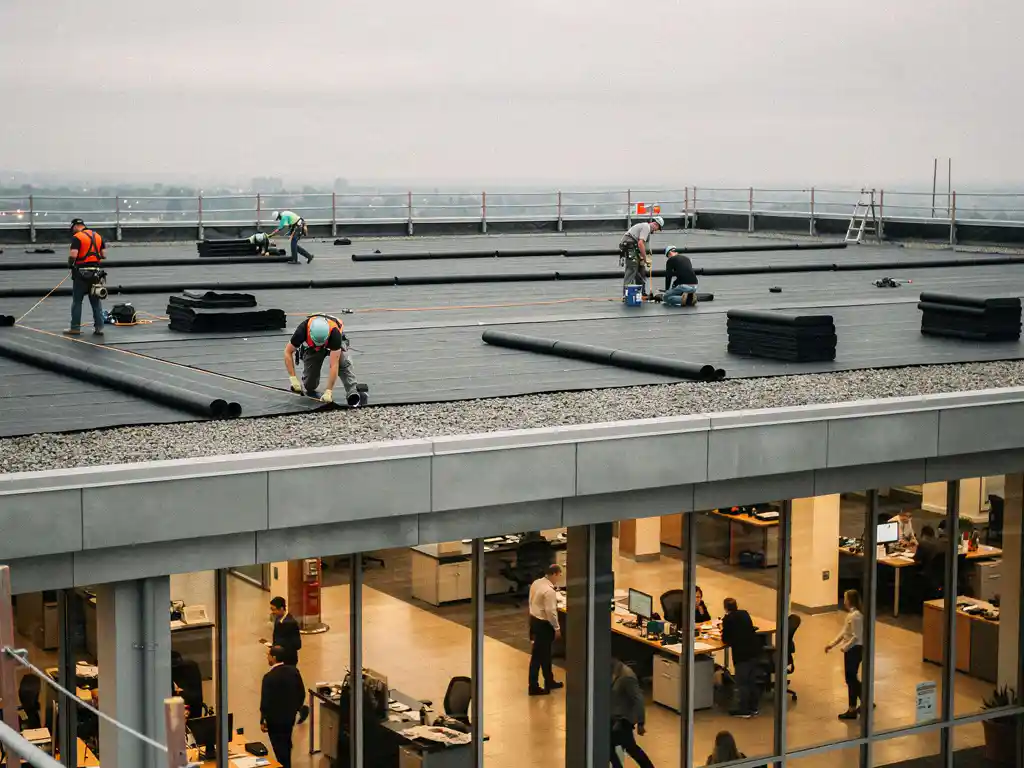 Dakdekkers installeren bitumineuze membraanplaten op plat commercieel dak terwijl bedrijfsactiviteiten binnen ongestoord doorgaan.