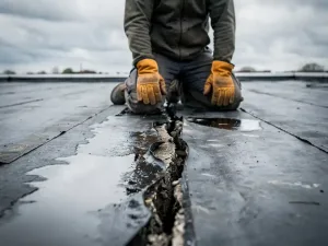 Dakdekker knielt op beschadigd plat dak met scheuren, staand water en versleten bitumen onder bewolkte Nederlandse lucht.