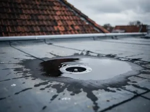Stilstaand water op een plat dak bij een verstopte afvoer, met donkere watervlekken op het grijze membraanoppervlak.