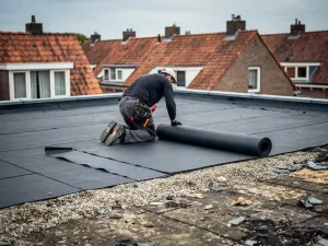 Dakdekker knielt op plat dak tijdens vervanging van bitumineuze dakbedekking, Nederlandse woonwijk zichtbaar op achtergrond.