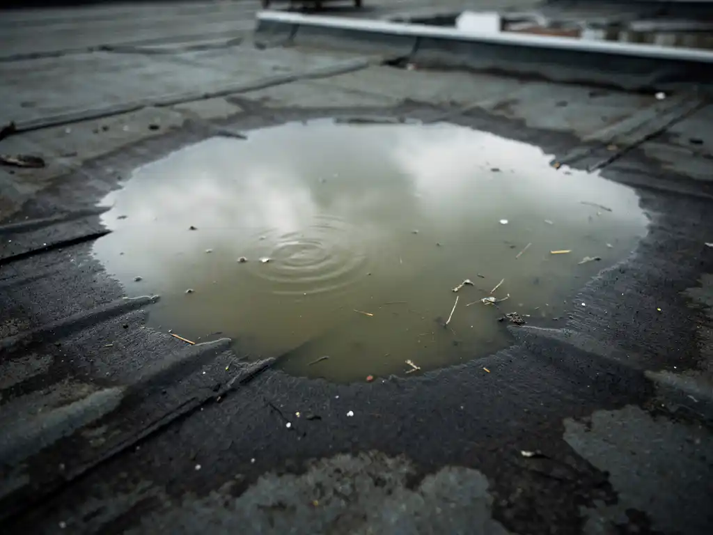 Stilstaand water op een plat dak met doorzakkende dakbedekking, weerspiegeling van bewolkte lucht, waterplassen en weersvlekken zichtbaar.