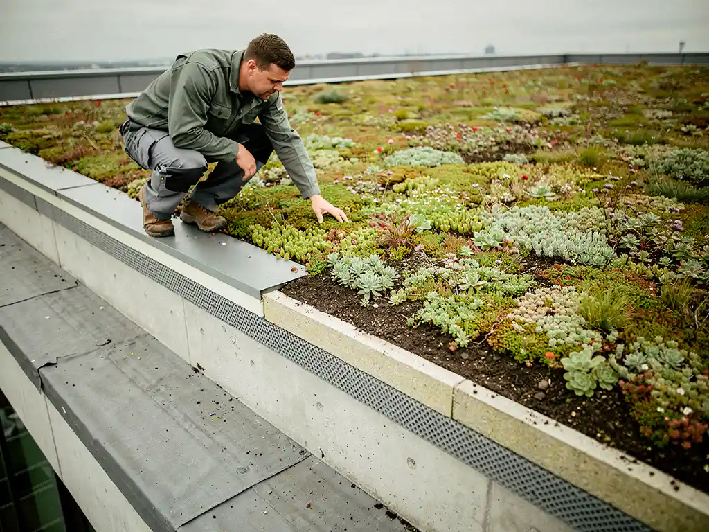 Dakspecialist bekijkt een sedum groendak met zichtbare dwarsdoorsnede van betonnen daklagen op een plat dak.