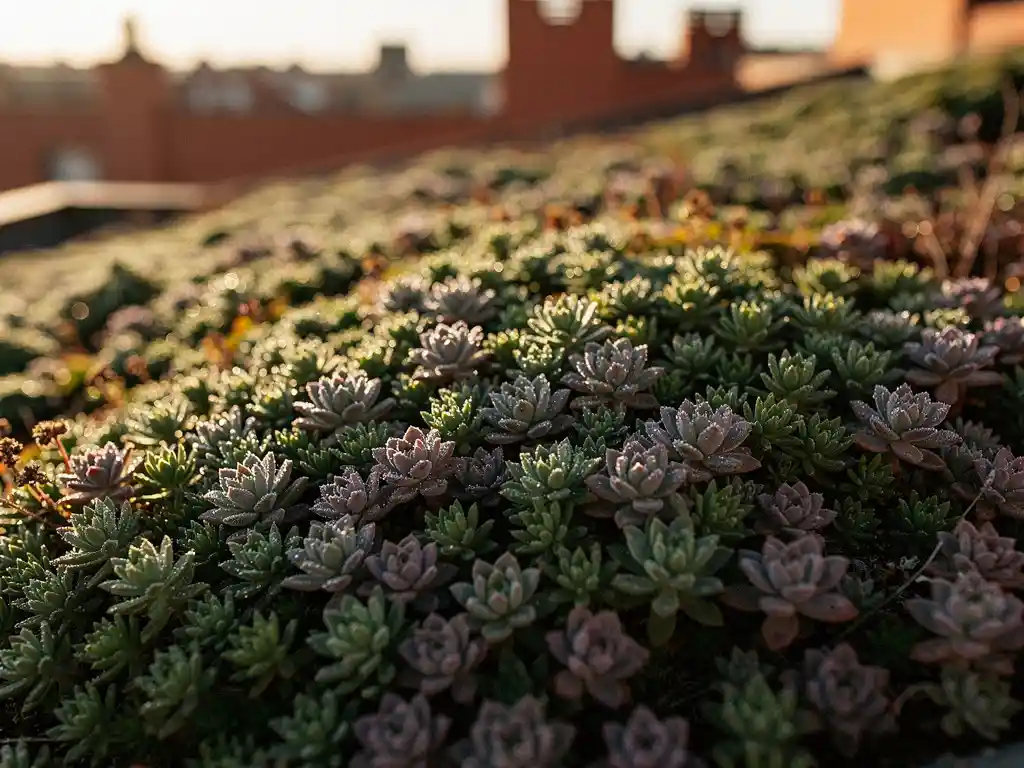 Dicht tapijt van groene en paarse sedum op een groen dak, dauwdruppels op vetplantrozetten in gouden ochtendlicht.