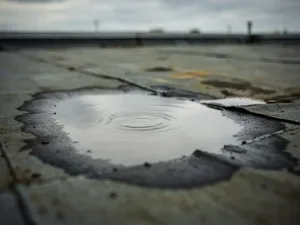 Stilstaand water op een verweerde plat dak membraan met waterrimpels en zichtbare degradatie aan de randen.