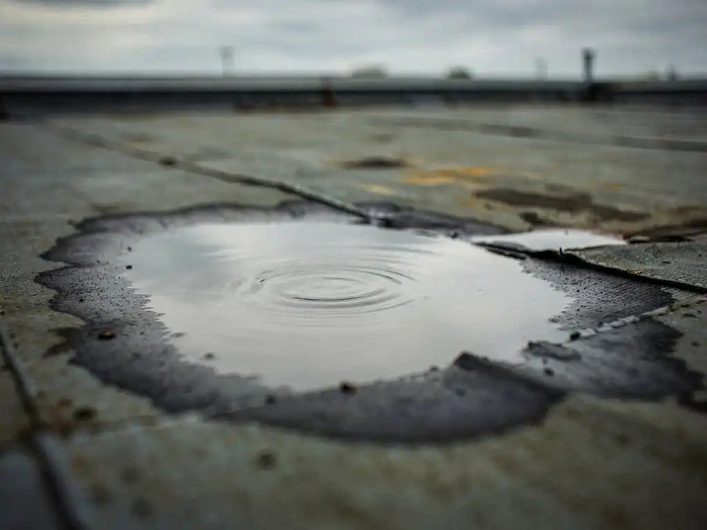 Stilstaand water op een verweerde plat dak membraan met waterrimpels en zichtbare degradatie aan de randen.