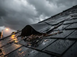 Beschadigde dakrand met losgewaaide bitumineuze dakshingles tijdens zware storm, natte dakpannen en dramatische bewolkte lucht.