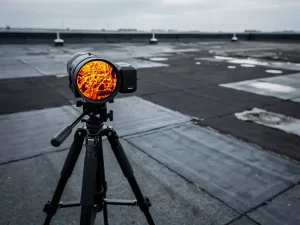 Thermische camera op statief gericht op bitumineus plat dak, warmtebeeldpatronen zichtbaar in zoeker, bewolkt daglicht.