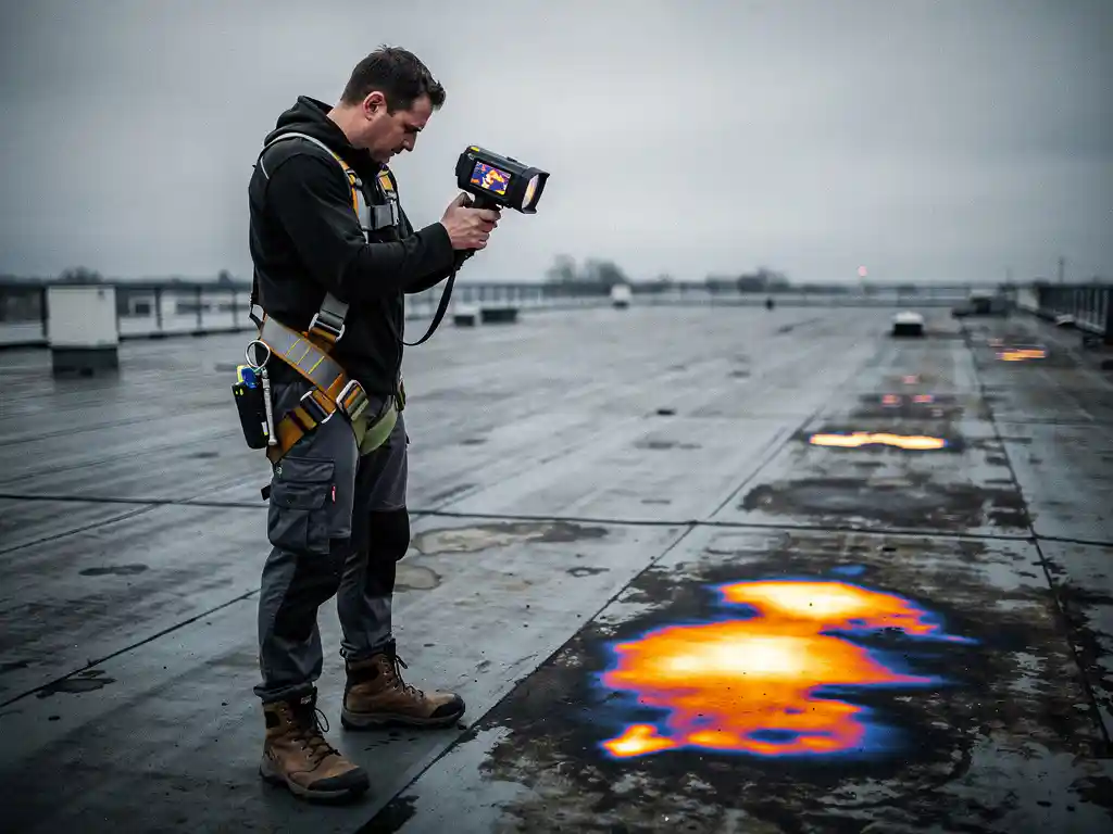 Dakinspecteur richt een thermische infraroodcamera op een plat commercieel dak, waarbij oranje en blauwe warmtegradiënten verborgen vochtplekken tonen.