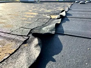Verouderd dakmembraan met UV-schade, gebarsten en vervormde randen naast een nieuw bitumineus oppervlak in felle middagzon.