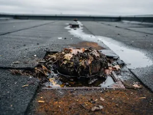 Verstopte platte dakafvoer vol decomponerend blad en puin, met donker opstaand water op verweerde bitumineuze dakbedekking.