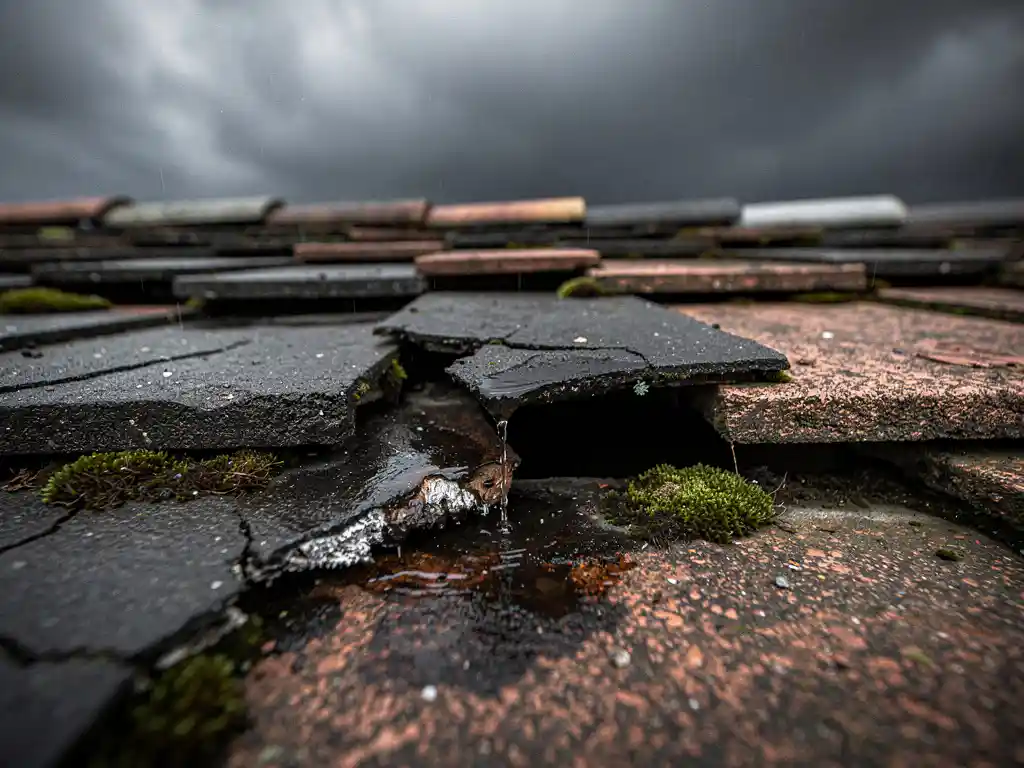 Verweerde dakbedekking met gebarsten bitumentegels, mos en regenwater dat door een zichtbare scheur sijpelt.