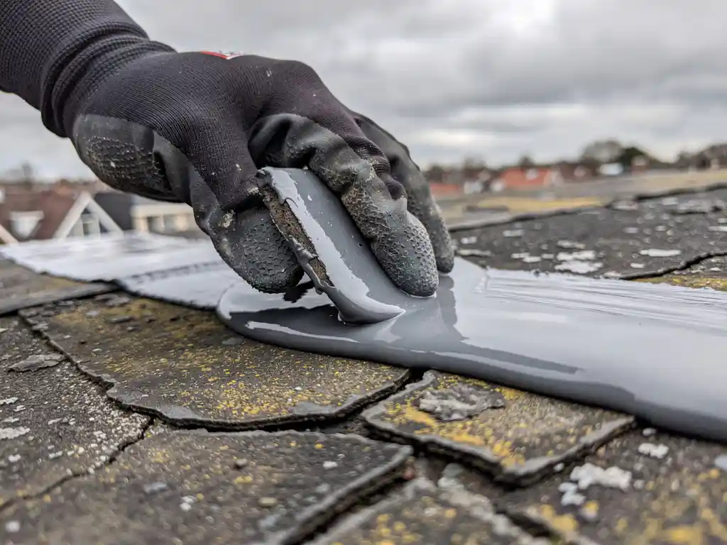 Handschoen hand die vloeibare rubbercoating aanbrengt op een verweerd plat dak, grijze afdichtingslaag spreidt over gebarsten dakmateriaal.