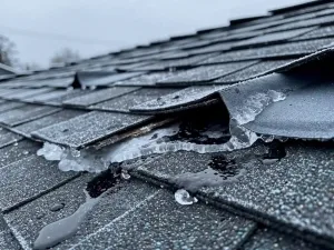 Vorstbeschadigde bitumen dakbedekking met gescheurde, opkrullende dakshingles, ijsvorming en donkere watervlekken in de winter.