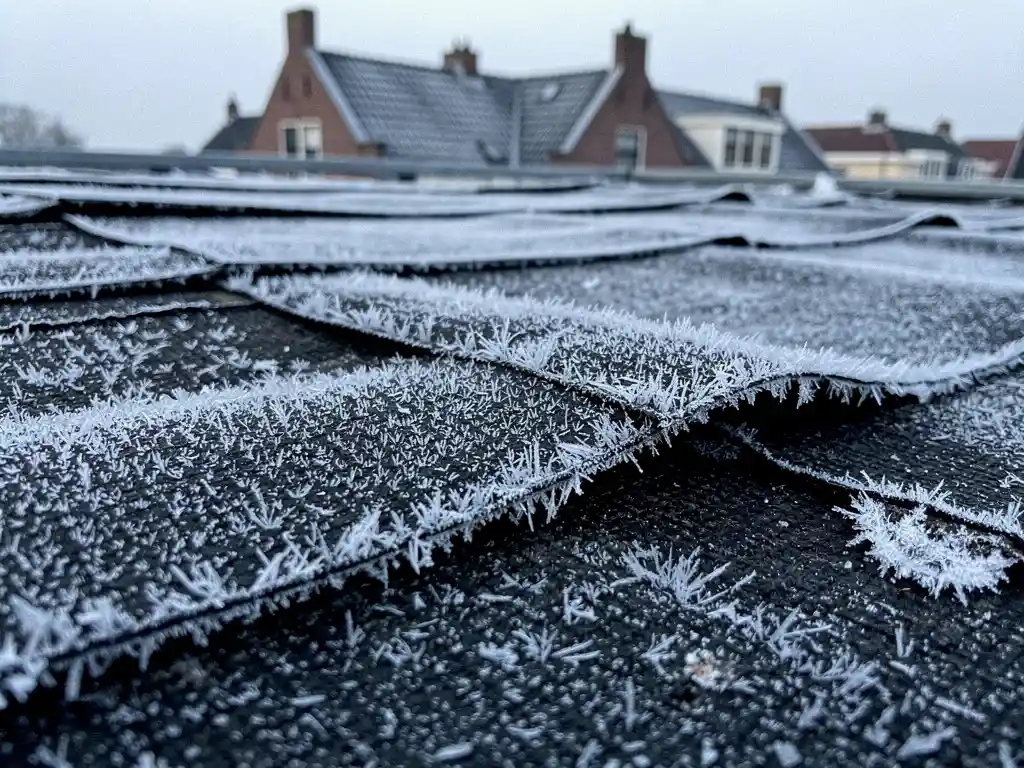 Dikke rijpvorming en ijskristallen op donker dakbeschot met scheurende membraanranden, Nederlandse woning op de achtergrond.
