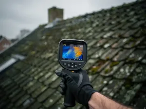 Thermische camera in gehandschoende hand gericht op dakpannen, toont vocht in blauw-amber warmtebeelden onder bewolkte lucht.