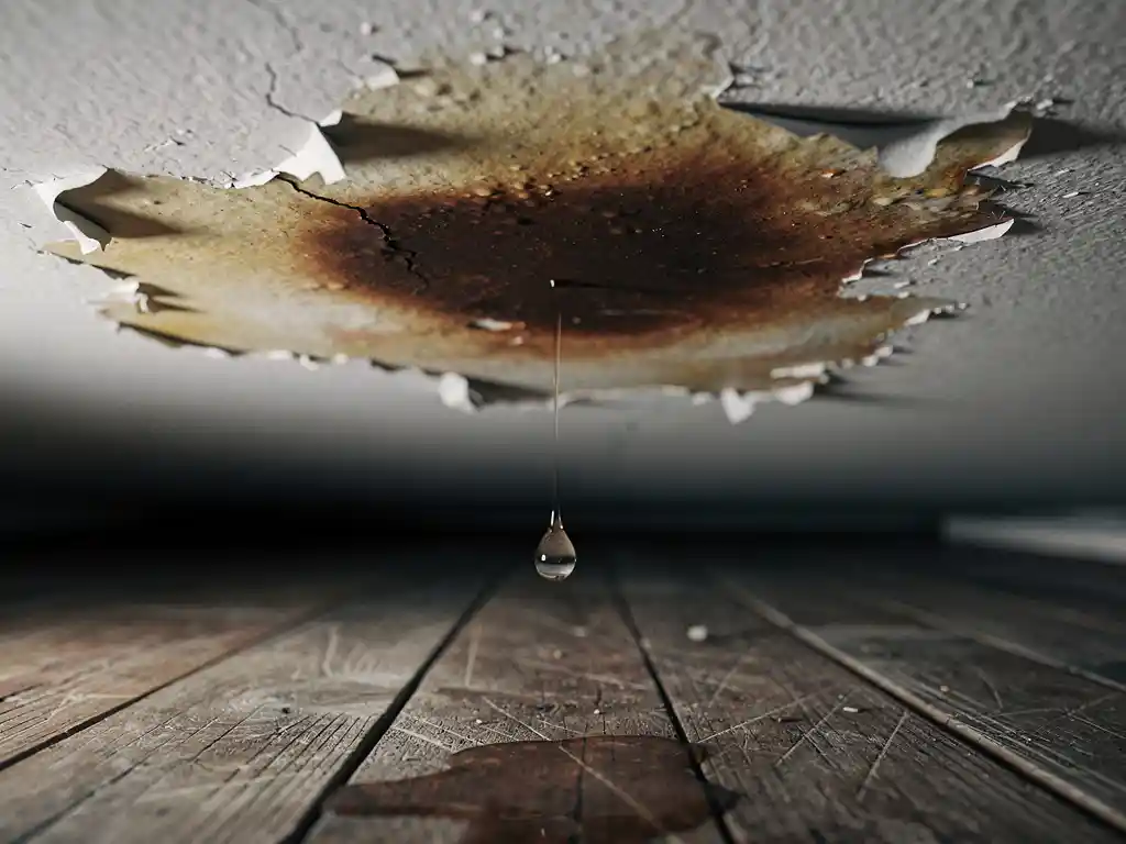 Waterlek op wit plafond met opbollende verf, afbladderende randen en een vallende druppel richting verweerde houten vloer.