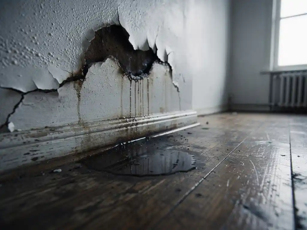 Waterlek op wit plafond met opbollende verf en roestbruine vlekken, druppelend op verweerde houten vloer.