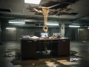 Lekkend plafond in kantoor laat modderig water stromen op bureau met laptop en natte documenten, plassen reflecteren tl-licht.