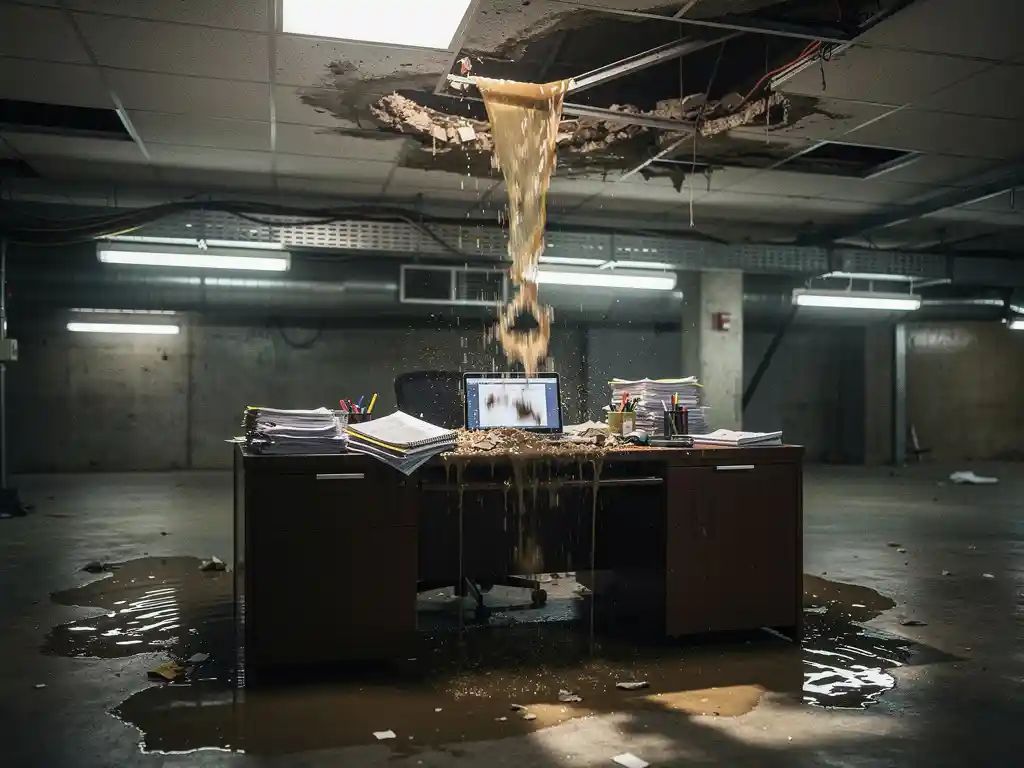 Lekkend plafond in kantoor laat modderig water stromen op bureau met laptop en natte documenten, plassen reflecteren tl-licht.