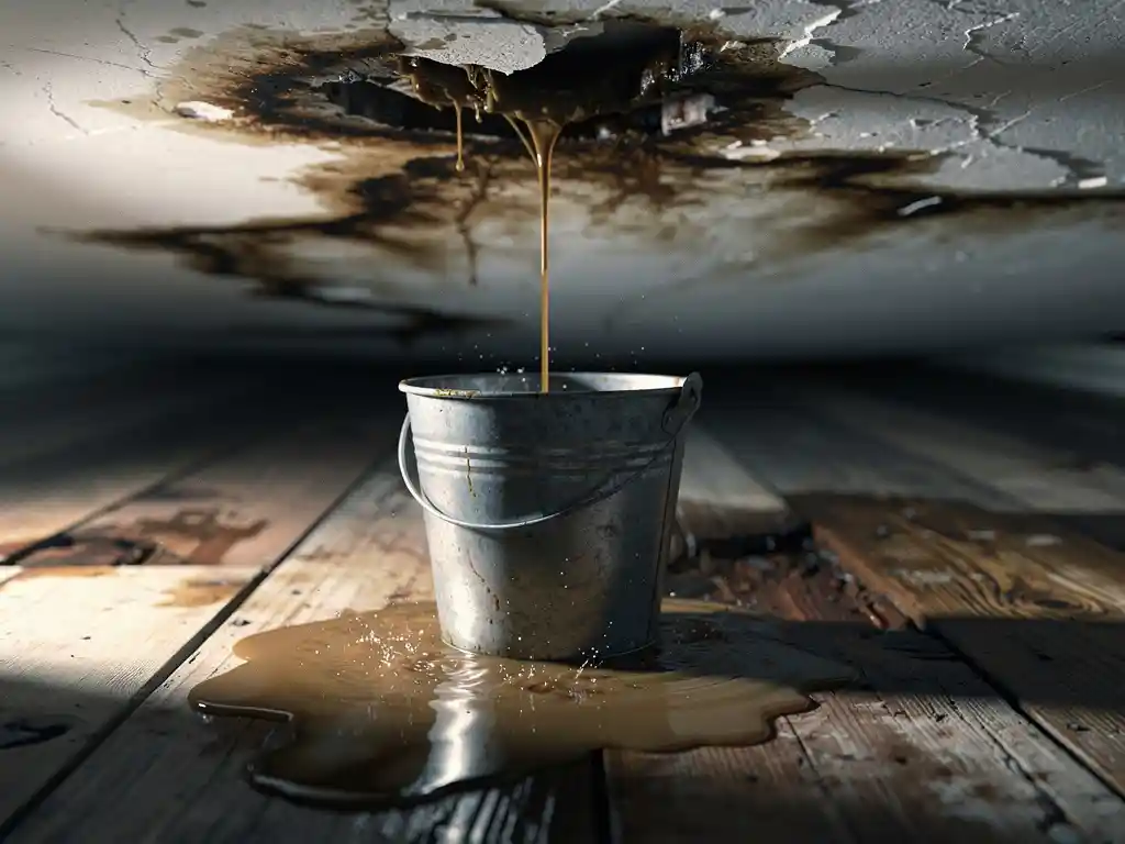 Bruinverkleurde waterlekkage van een doorgezakt, vochtgevlekt plafond op een vervormd houten vloer, opgevangen in een metalen emmer.