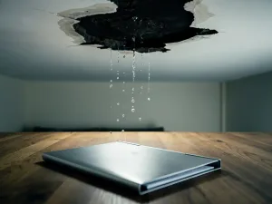 Donkere watervlek op wit plafond boven woonkamer, met vallende waterdruppels en een zilveren verzekeringsdocumentenmap op houten tafel.