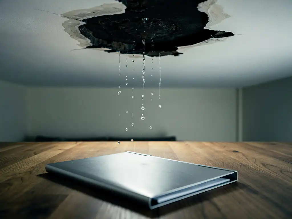 Donkere watervlek op wit plafond boven woonkamer, met vallende waterdruppels en een zilveren verzekeringsdocumentenmap op houten tafel.