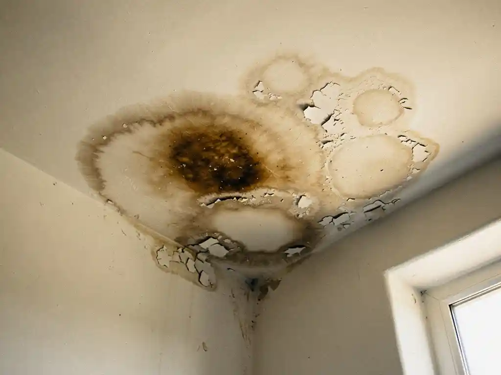 Watervlek met donkere vochtringen op een wit binnenplafond bij een hoek, met afbladderende verf en beschadigd pleisterwerk.